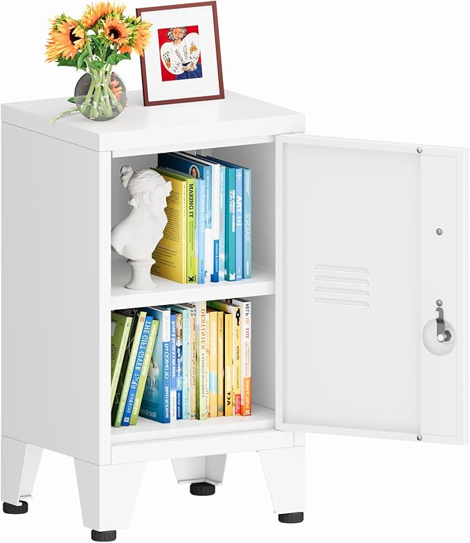 White Nightstand, Metal Small Nightstand Storage Cabinet with Adjustable Shelf and Lock, Narrow Cabinet for Bedroom, Office (White, 24.4") by KAIFAM