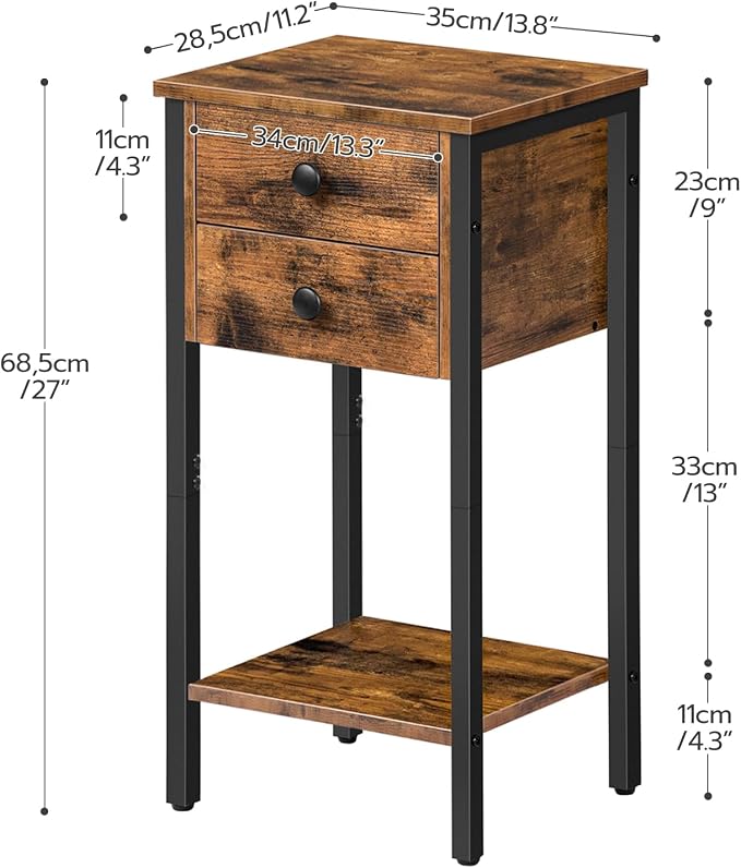 HOOBRO Tall Nightstand, End Table with 2 Drawers and Storage Shelf, Industrial Telephone Side Table for Study, Bedroom, Space Saving, Easy Assembly, Rustic Brown and Black BF72BZ01 - Image 3