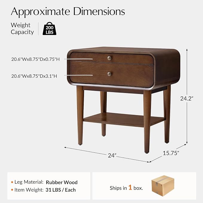 HULALA HOME Nightstand with Pull-Out Shelf, Mid Century Modern End Table with Storage Drawer, Charging Station, Solid Wood Legs, Walnut - Image 2
