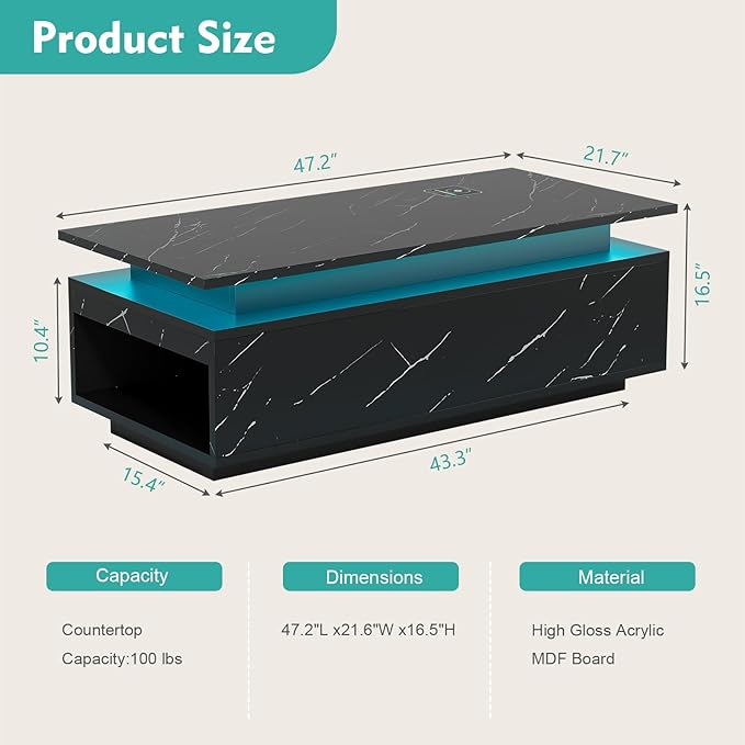 47" Modern LED Coffee Table with Wireless Charging, Bluetooth Speaker, and USB Ports, High Glossy Marble Coffee Table with Large Open 2-Tier Storage and Shelves for Living Room - Black