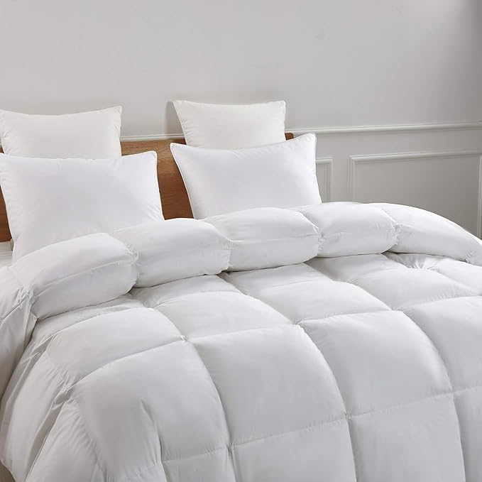 Serta Goose Feather Down Fiber Cotton Comforter Queen Size - 100% Cotton Duvet Insert - Hotel Luxury Hypoallergenic Bedding Comforter Light Warmth 90 x 90 Inch White