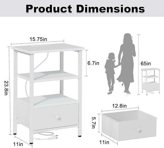 Side Table with Charging Station, Nightstand with Adjustable Fabric Drawer, Bedside Table for Bedrooms, Living Rooms & Home Decor (White) - Image 2