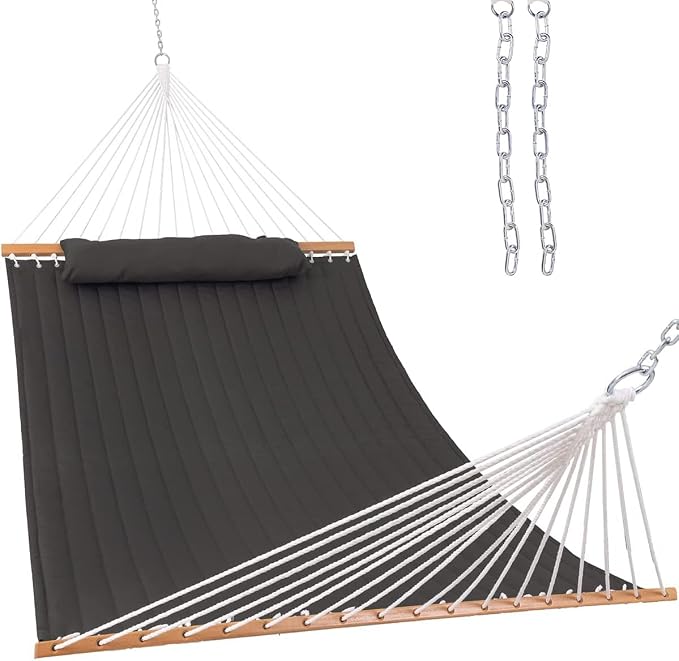 Lazy Daze Hammocks 12 FT Double Quilted Fabric Hammock with Spreader Bar and Detachable Pillow, 2 Person Double for Outside Patio Poolside Backyard Beach, 450lbs Capacity, Gray by LazyDazeHammocks