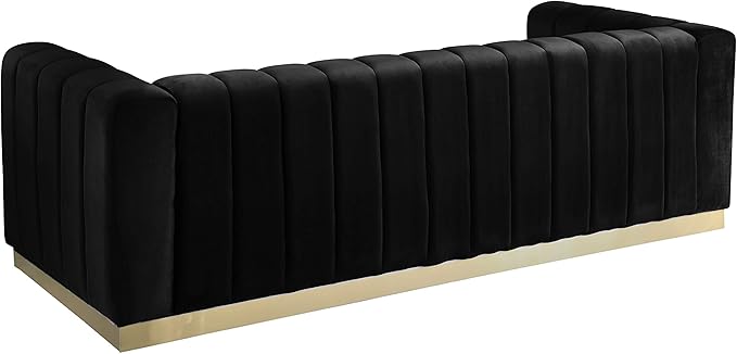 Meridian Furniture 603Black-S Marlon Collection Modern | Contemporary Velvet Upholstered Sofa with Deep Channel Tufting, Stainless Steel Base in a Brushed Gold Finish, Black, 86.5" W x 34" D x 28" H