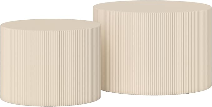 Round Coffee Table Set of 2, Modern Wooden Beige Nesting Tables for Living Room, No Assembly Required Circle Side Tables Set Accent End Table for Bedroom, Balcony