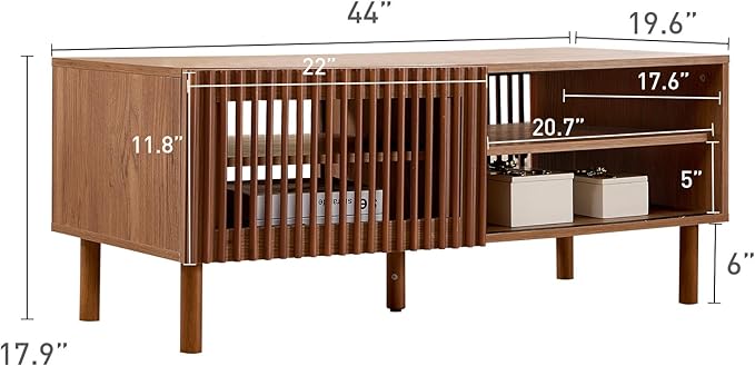 Bonzy Home 44’’ Mid Century Modern Coffee Table with Storage, Wood Center Table with Sliding Door and Open Shelves for Living Room (Walnut)