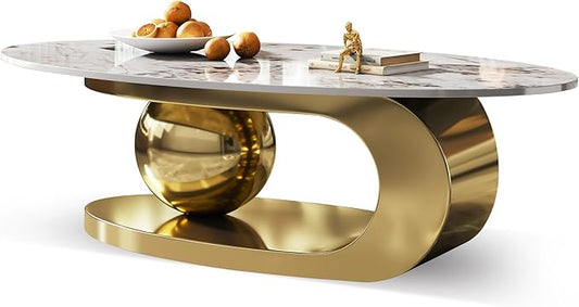 49.2" Modern Oval Marble Coffee Table – Gold Stainless Steel Base, Scratch-Resistant, Easy Assembly