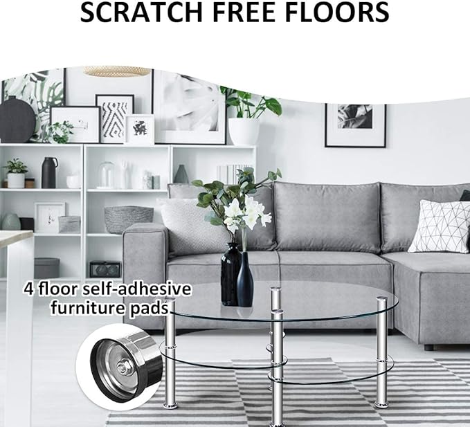 S AFSTAR Glass Coffee Table, 3-Tier Modern Oval Smooth Glass Tea Table Center Table End Table with Open Storage Shelf,Sturdy Steel Legs for Living Room,Home,Office,Cocktail Tea Table (Clear)