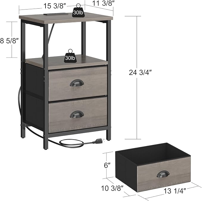 sthmec Nightstand with Charging Station, LED Night Stand with 2 Fabric Drawers, Grey Bedside Tables End Table with Drawers, 2-Tier Storage Side Table Nightstand with Drawers for Bedroom, Grey - Image 3
