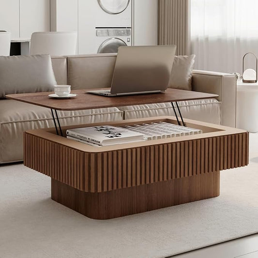 Lift Top Coffee Table with Storage for Living Room Mid Century Modern Coffee Table with Lifting Top Wood Fluted Coffee Tables with Lifts Up Tabletop for Home Apartment Office 38.6",Walnut Rectangle