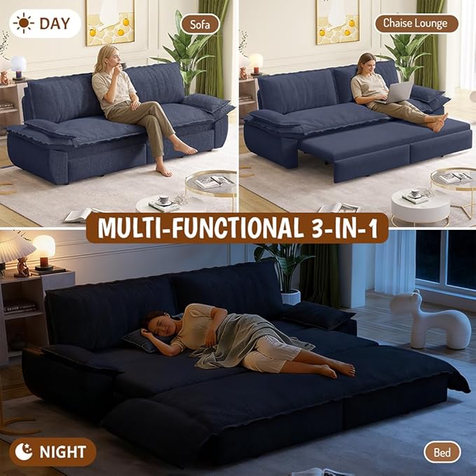 73.2" Queen Size Pull Out Sofa Bed, 3-in-1 Convertible Sleeper, Corduroy Loveseat for Living Room, Apartment, Bedroom Small Spaces, Dusty Blue (Mattress & Bedding Not Included)