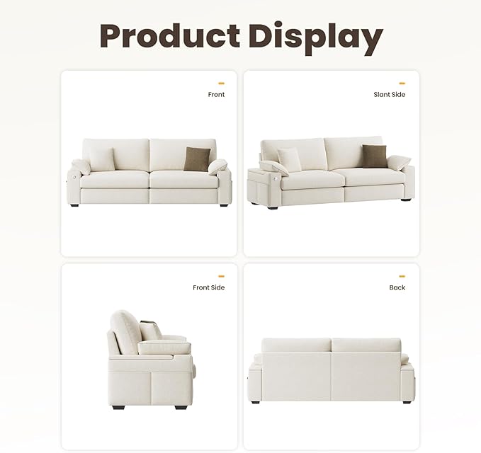 89" Loveseat Couch, 3 Seater Upholstered Midcentury Mondern Love Seat with USB Type C Ports, 4 Pillows and Storage Armrest Cloud Foam Sofa for Living Room/Small Spaces, Beige | Breathable material
