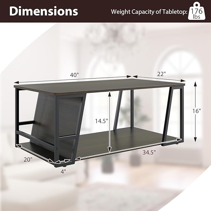 Giantex Modern Coffee Table with Storage, 2-Tier Rustic Wood Center Table with Shelf, Compartment, Metal Frame, Rectangular Geometric Living Room Table for Apartment (Espresso)