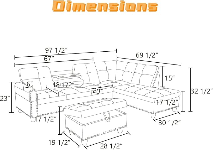 FONTOI L Shaped Sectional Couch with Otttoman, 97" Sectional Sofa for Living Room Flannel Modular Couches with Cup Holders for Bedroom, Apartments, Black Grey