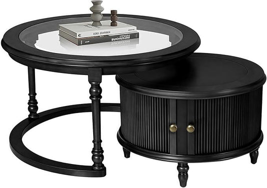 31.5'' Glass Top Round Coffee Table with Storage, Solid Wood and MDF Fluted Coffee Table Set of 2 for Living Room Office, Black