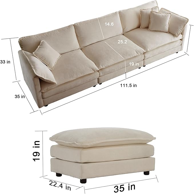 KEIKI Combination Sofa, Upholstered 5 Seater Couch, Oversized U Shaped Sectional Sofa with Reversible Ottoman for Living Room Bedroom Office, Beige