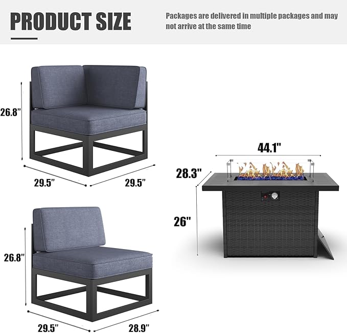 LayinSun Large Aluminum Patio Furniture Set with Fire Pit Table, 9 Pieces Modern Outdoor Conversation Set Sectional Metal Sofa Set with Olefin Cushion