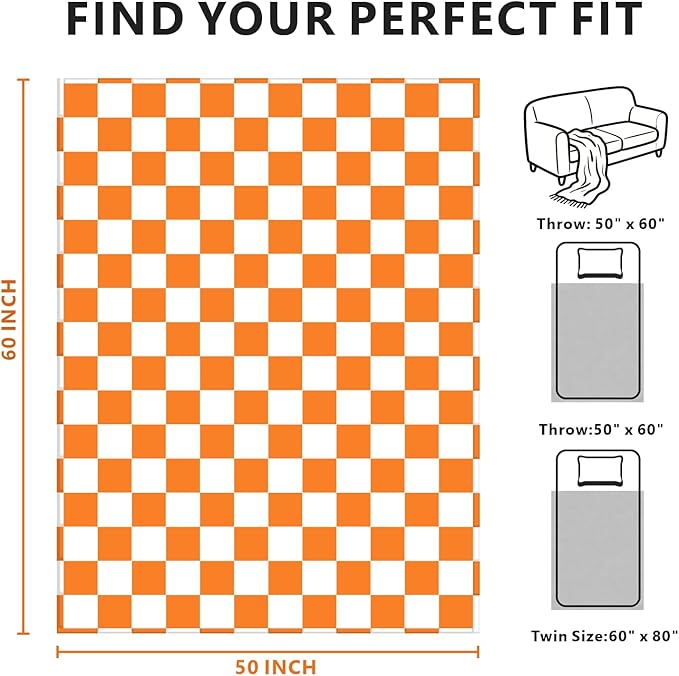 Edenleaf Orange Checkered Blanket, Soft Cozy Fleece Checkered Throw Blankets for Bed Sofa Couch Camping, Ultra Fluffy Throws for All Seasons, 50x60 Inch, Orange