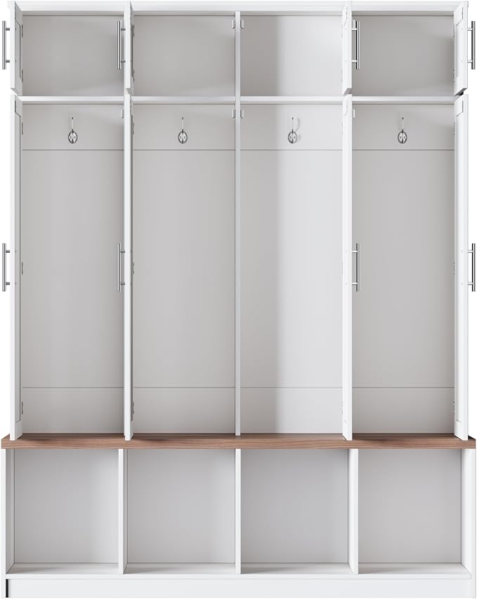Hall Tree with Entryway Bench and Shoe Storage Compartments, Particle Board Multi-Functional Cabinet with 4 Hanging Hooks, White - Image 7