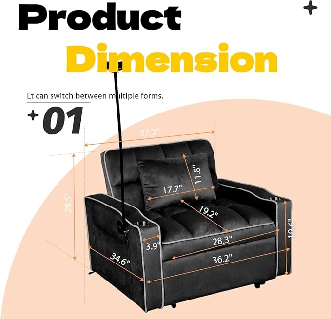 Convertible Sleeper Chair, Pull Out Chair Sleeper with Bracket and Cup Holder, 3 in 1 Sofa Bed Chairs for Adults, Chairs Bed Sleepers for Small Spaces, Living Room, Black