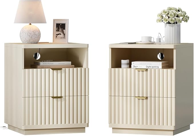 Night Stand Set 2, Nightstand with Charging Station, Night Stand with Open Shelf and 2 Drawers for Bedroom, Side Table Bedside Table with USB Ports & Outlets, Small Nightstand End Table - Image 9