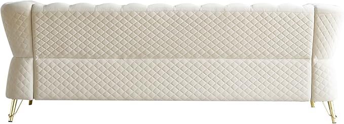 KEIKI 87" Chesterfield Velvet Button Tufted Sofa with High Density Foam Cushions, Modern Style 3-Seater Couch with Gold Strip Trim Decoration, Easy Assembly, for Apartment, Living Room, Office, Beige