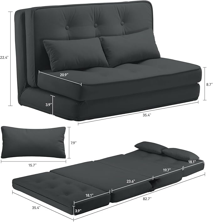 LUCKLIFE Folding Sofa Bed, Convertible Floor Sofa with Pillows, Fabric Floor Couch & Memory Foam Foldable Mattress with Washable Cover for Living Room, Guest Room, Dorm (Black)
