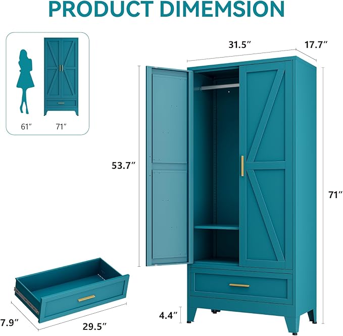 Metal Wardrobe Cabinet, 71" Tall Armoire Wardrobe Closet with Drawer,Hanging Rod and Adjustable Shelf, Farmhouse Clothing Storage Cabinet for Bedroom, Laundry