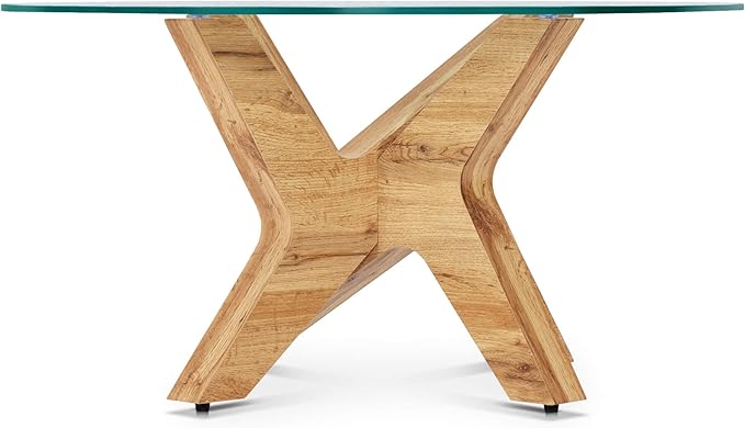 ivinta Round Glass Coffee Table, 31.5" Modern Small Center Table with Water Ripple Tempered Glass and MDF Legs for Living Room Home Office, Tree (Natural)