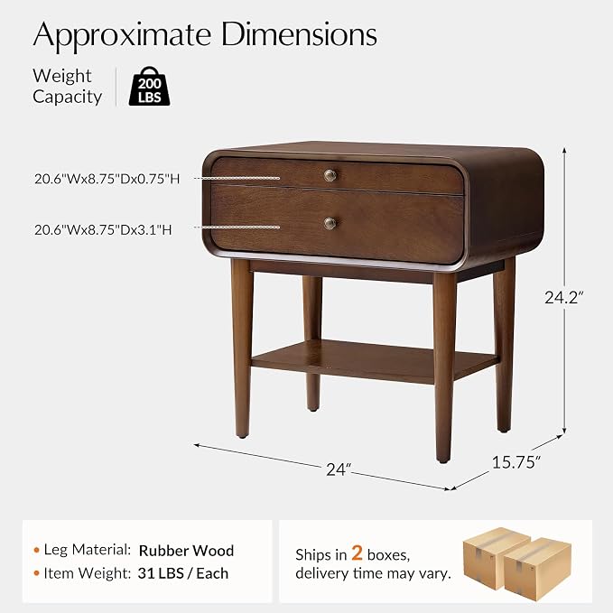 HULALA HOME Nightstand Set of 2 with Pull-Out Shelf, Mid Century Modern End Table with Storage Drawer, Charging Station, Solid Wood Legs, Walnut - Image 2