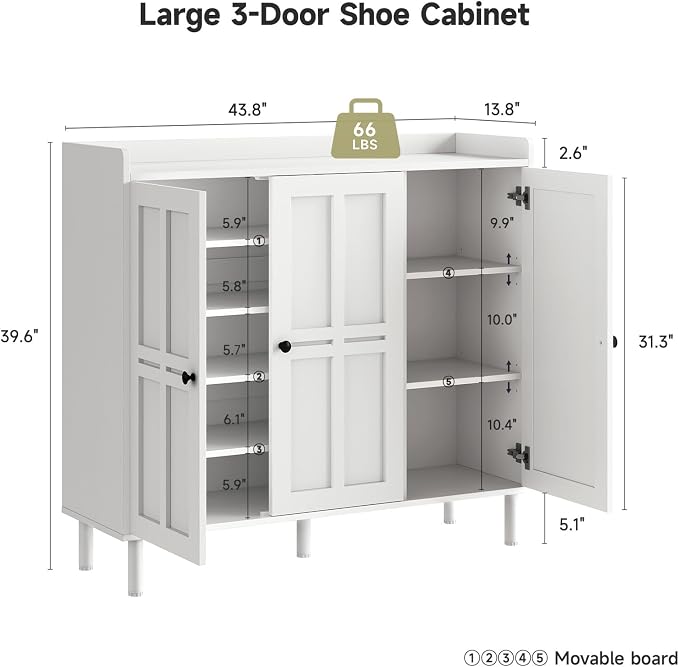 ONBRILL Shoe Cabinet with 3 Doors and Adjustable Shelves, 30 Pairs Shoe Storage Cabinet, 40 Inch Tall Farmhouse Shoe Rack Shoe Organizer Cabinet for Entryway Living Room Closet, White - Image 2
