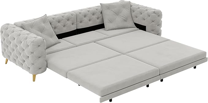 Ball & Cast 3-in-1 Convertible Sleeper Sofa with Movable Ottoman,97.7" Velvet Pull Out Sofa Bed, Modern Button Tufted 4-Seater Sofa Couch with Deep Seat for Living Room, Apartment,Office,Light Grey