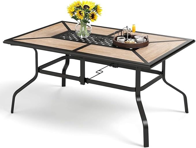 PHI VILLA Outdoor Dining Table for 6, Rectangular Metal Wrought Iron Table with Polywood Tabletop and Umbrella Hole, Large Heavy-Duty Furniture for Patio, Deck, Yard, Porch by PHIVILLA