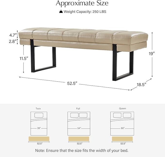 HULALA HOME 53" Faux Leather Entryway Bench, Button Tufted End of Bed Bench Ottoman for Bedroom, Living Room with Metal Base,Beige - Image 2