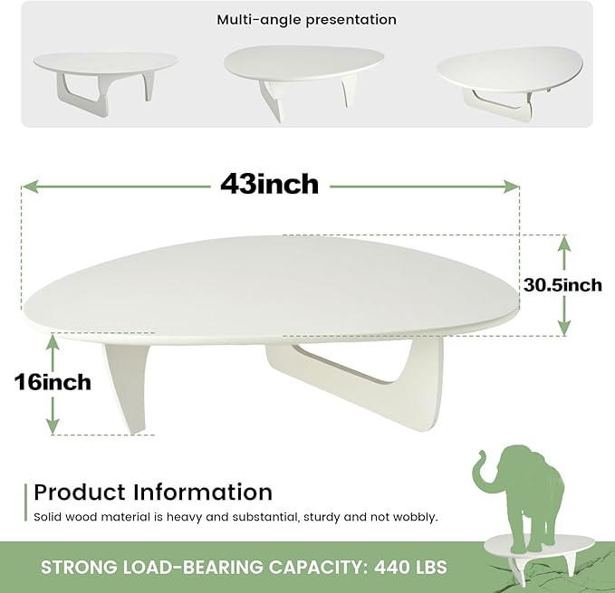 Solid Wooden Modern Triangle Coffee Table: Unique Funky Coffee Tables for Living Room, Oval Mid-Century Irregular Abstract Tea Tables for Patio Office Balcony Bedroom (White, 43" L x 31" W x 16" H)