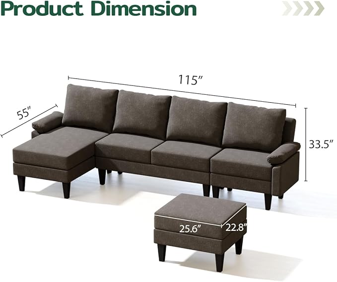 115 Inch Modular Sectional Sofa with Storage Ottoman, Modern L-Shaped Sectional Couch with Chaise, Chenille Couch for Living Room, Apartment or Small Spaces, Brown