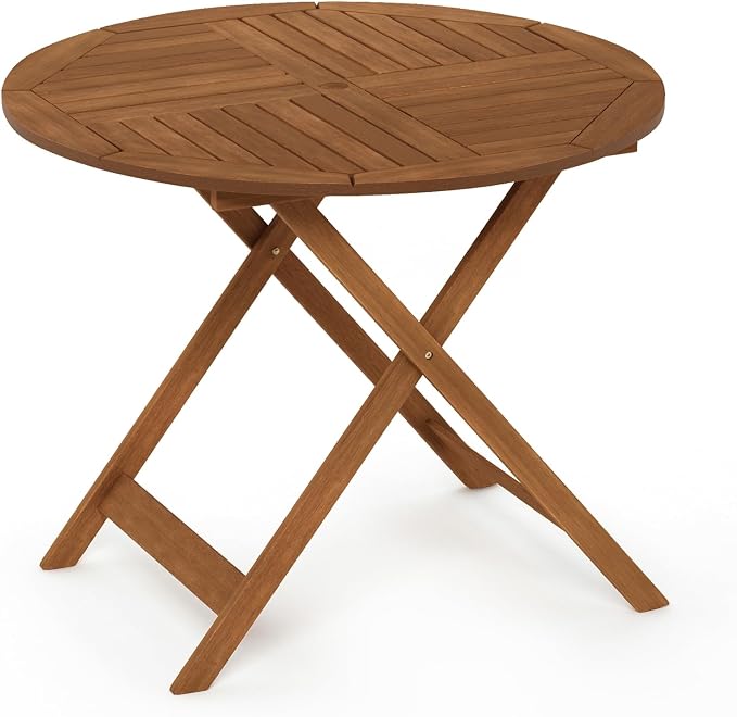 Furinno TIOMAN Folding Patio Dining Table, Outdoor Wooden Table with Umbrella Hole, Round 4-Person Patio Table for Garden, Porch, Backyard, Light Wood - Image 7