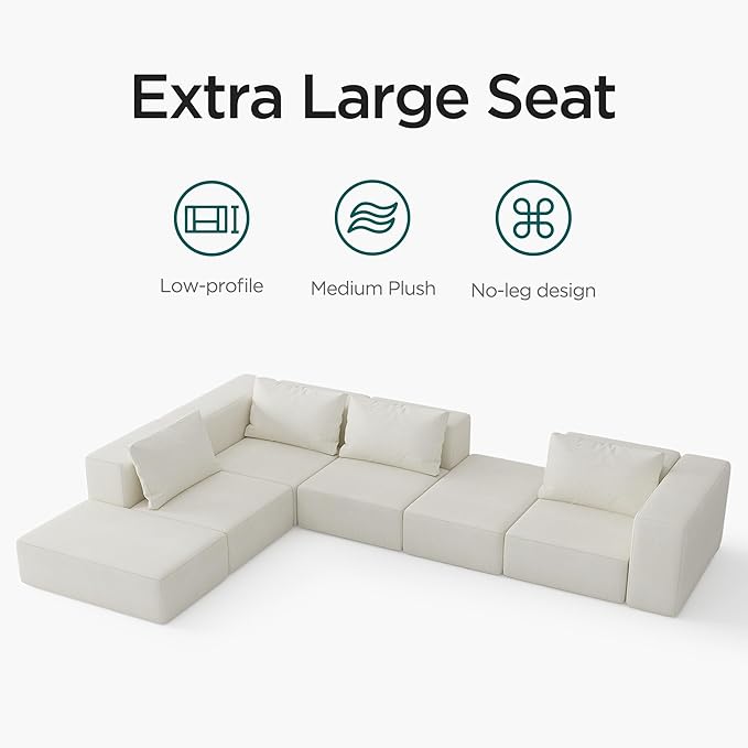 Acanva Oversized Modular Sectional Sofa with Removable Washable Slipcovers, Modern Low Profile Deep Seat Couch for Living Room, Linen-Like-Cream, Armrest/Ottoman