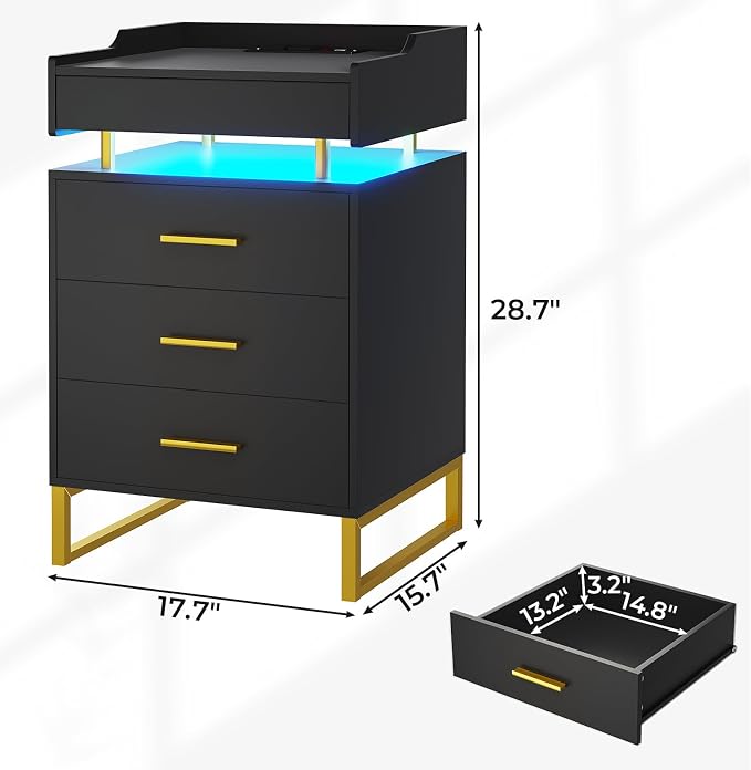 BTHFST LED Nightstand with Charging Station, Night Stand with 3 Drawers and 1 Pull-Out Tray, End Side Table with Storage, Bedside Table with LED Lights & Metal Legs, Black and Gold - Image 2
