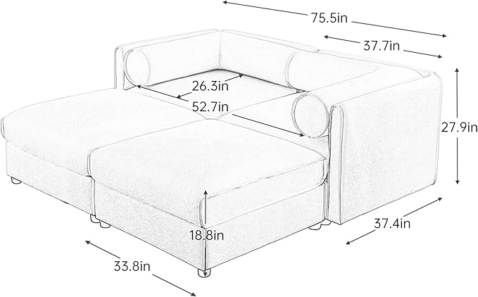 KEIKI 76" Modular Loveseat Chenille Sectional Sofa with Storage Seat and 2 Ottoman, Modern 2-Seater Couch with Cylindrical Backrest and Armrests, Easy Assembly, for Apartment, Living Room, Blue