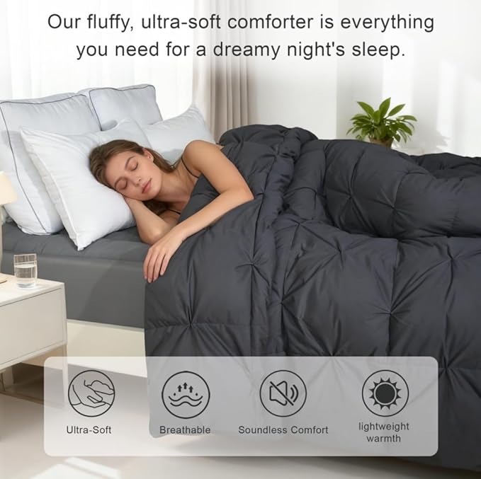 Pinch Pleat Goose Feather Down Fiber Comforters King Size, Grey 100% Cotton Duvet Insert, Fluffy Medium Warmth Bedding Comforter with Corner Loops (Grey, 106 x 90 Inch)