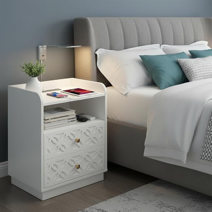 Set of 2 White Nightstands with Charging Station, Modern Bedside Table with Outlets & USB Ports, Small End Table with Drawer Storage for Bedroom Small Space, 17.7 W - Image 7