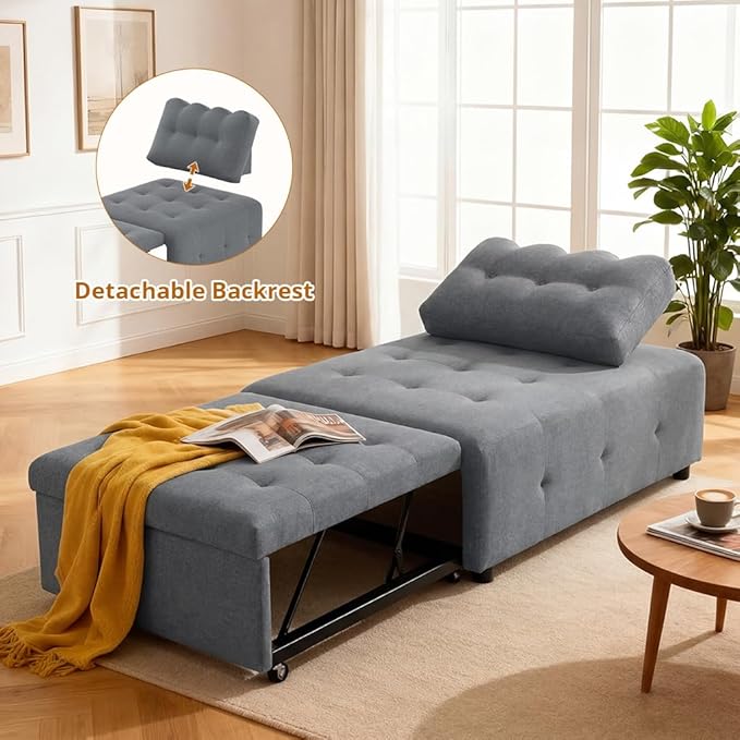 CMOHOMA Sleeper Sofa Bed,Convertible Pull Out Couch with Adjustable Backrest,Linen Chaise Lounge Chair,Sectional Couches for Living Room,Bedroom,Apartmen,Gray