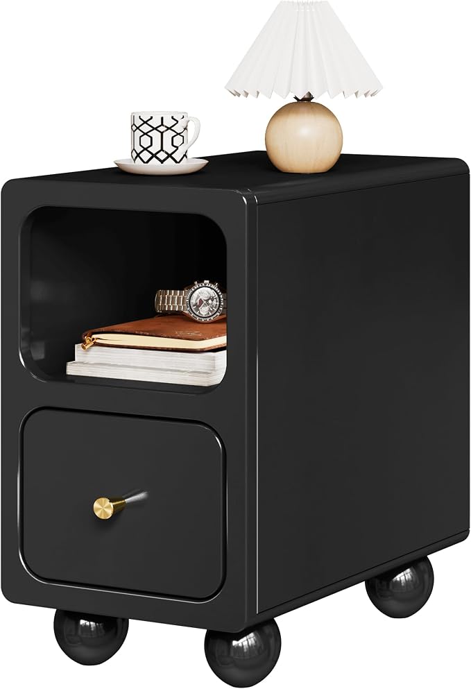 Solid Wood Nightstand, Narrow Night Stand with Drawers, Black Mid Century Modern Nightstand, Small Bedside Table with Open Storage Shelf for Bedroom (10 Inch) by MVPSONAG