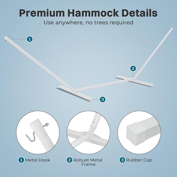SUPERJARE Hammock with Stand, 2 Person Heavy Duty Hammock with Padded Cotton, Detachable Pillow & Strong Curved-Bar & Portable Carrying Bag, Perfect for Outdoor & Indoor, Sky Blue - Image 6