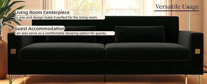 KEIKI 86" Oversized Luxury Velvet Sofa with Armrest and Removable Plush Cushions, Minimalist Gold Accents 3-Seater Couch with Solid Legs, Easy Assembly, for Living Room, Bedroom, Apartment, Black