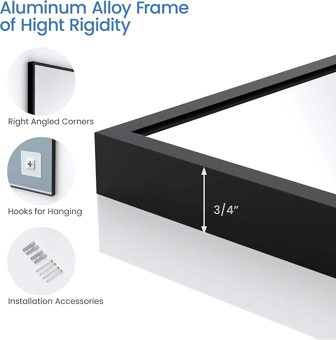 KIBI 36" x 36" Shatterproof Wall Mount Metal Frame Mirror – Horizontal or Vertical Hanging, Modern Rectangular Vanity Mirror for Bathroom, Entryway, or Living Room (Matte Black, FM1-3636MB) - Image 7