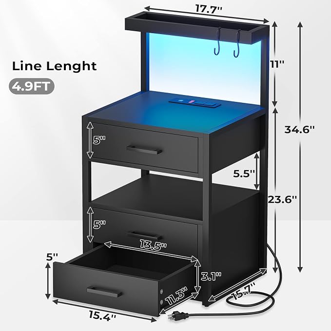 AOGLLATI Nightstand Set of 2 with Charging Station and LED Lights, Bedside Table with 3 Drawers and Open Storage Shelves, 2 USB Ports and 2 AC Outlets, LED Night Stand for Bedroom, 2 Pack, Black - Image 3