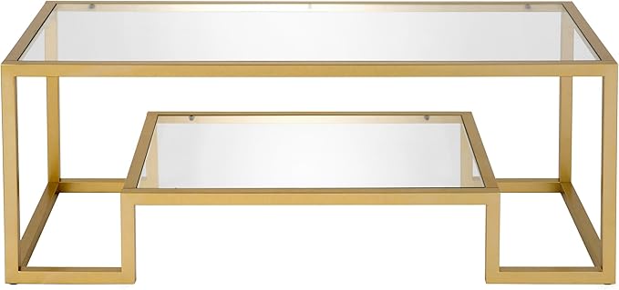 Henn&Hart 45" Rectangular Coffee Table with Glass Top and Raised Lower Shelf for Living Room, Family Room, or Office, Gold