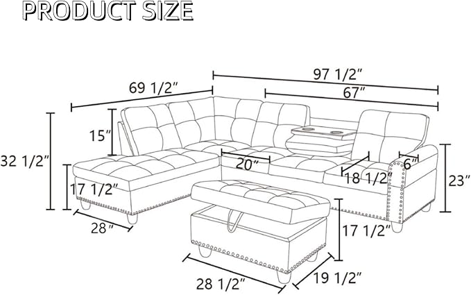 FONTOI L Shaped Sectional Couches for Living Room, Modular 4 Seat Sofa with Ottoman Storage, Modern Couch with Chaise for Bedroom Apartment Furniture, Black